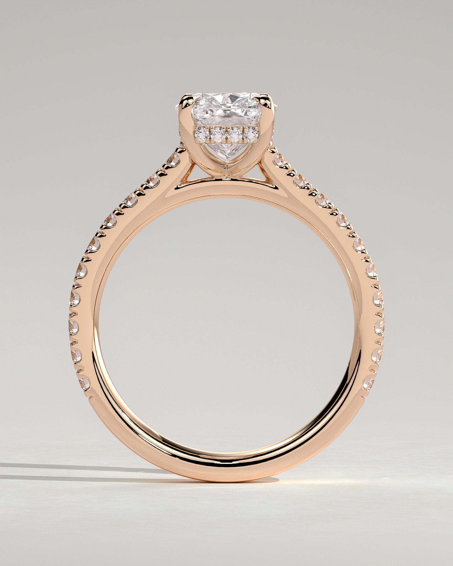 Annika - Elongated Cushion Claw Solitaire with Hidden Halo, Pave Band and Cathedral High Setting Engagement Ring - Rose Gold - Rose Gold 2ct