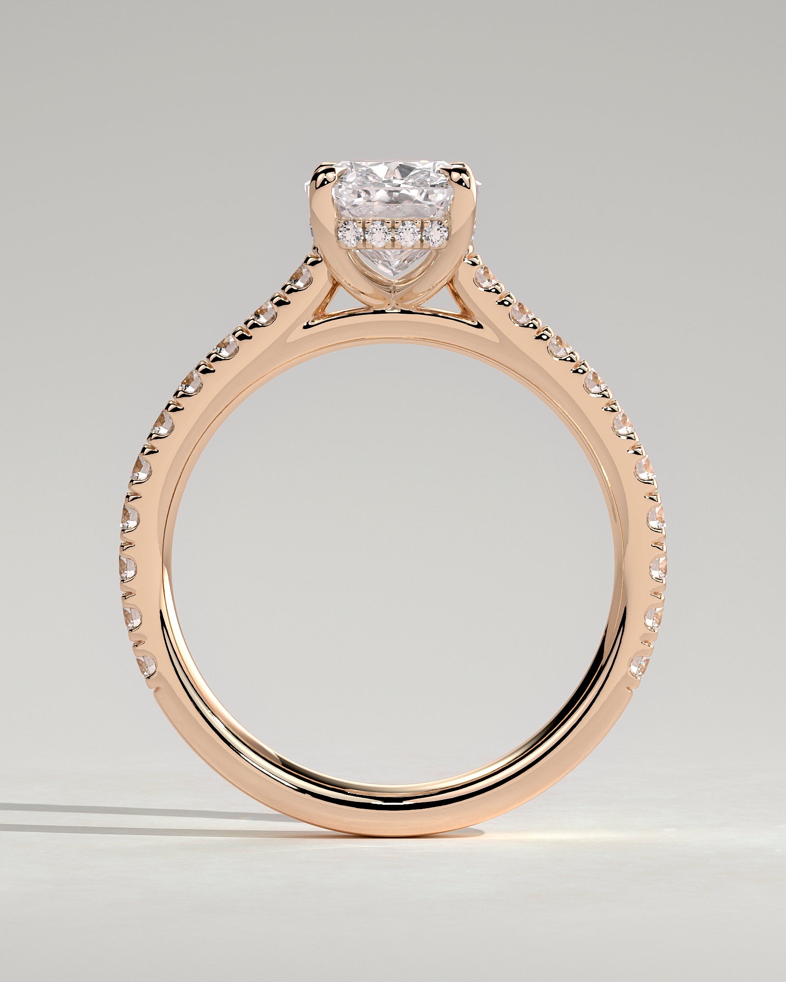 Annika - Elongated Cushion Claw Solitaire with Hidden Halo, Pave Band and Cathedral High Setting Engagement Ring - Rose Gold - Rose Gold 2ct
