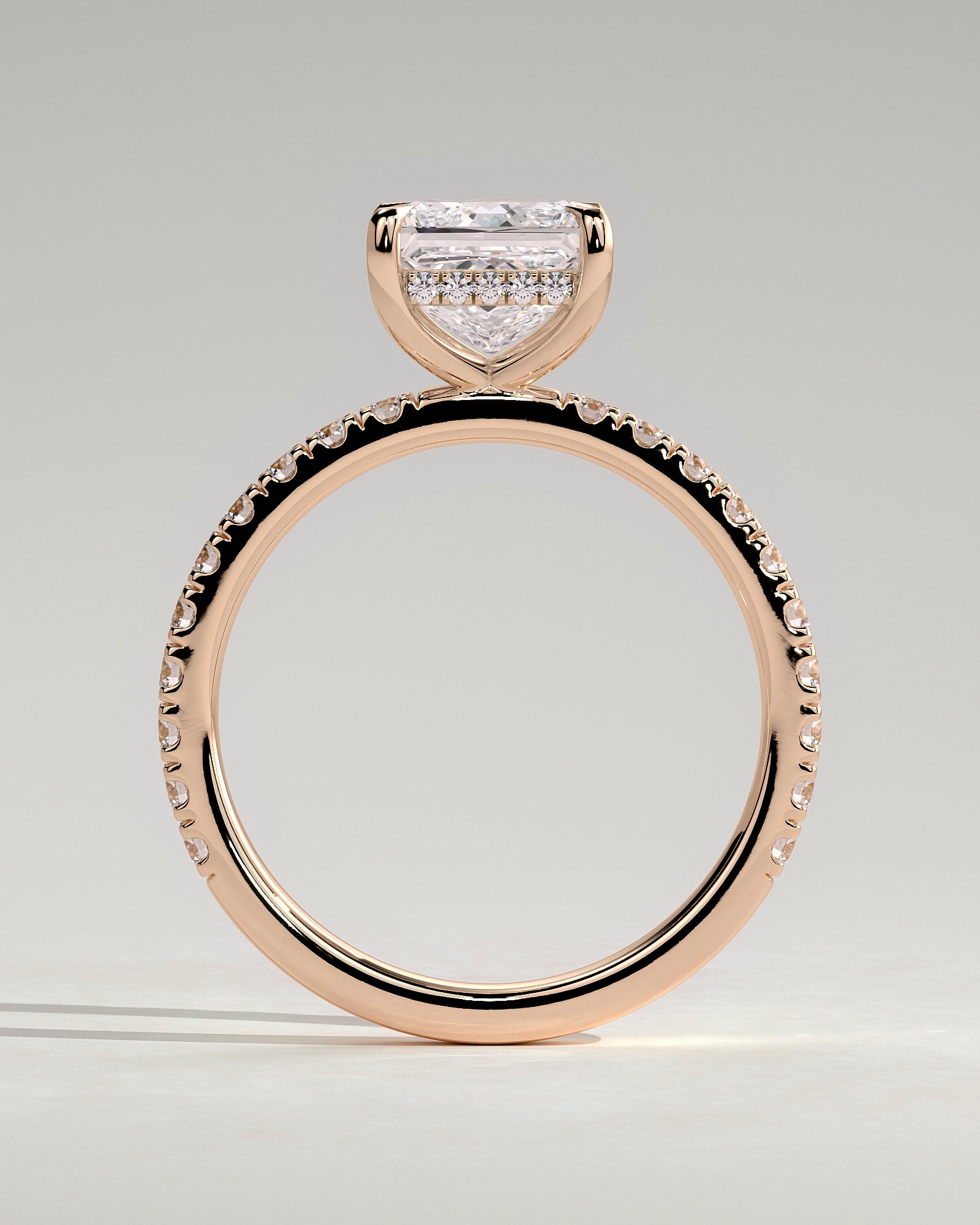 Annie - Princess Claw Solitaire with Hidden Halo and Pave Band Engagement Ring - Rose Gold - Rose Gold 2ct