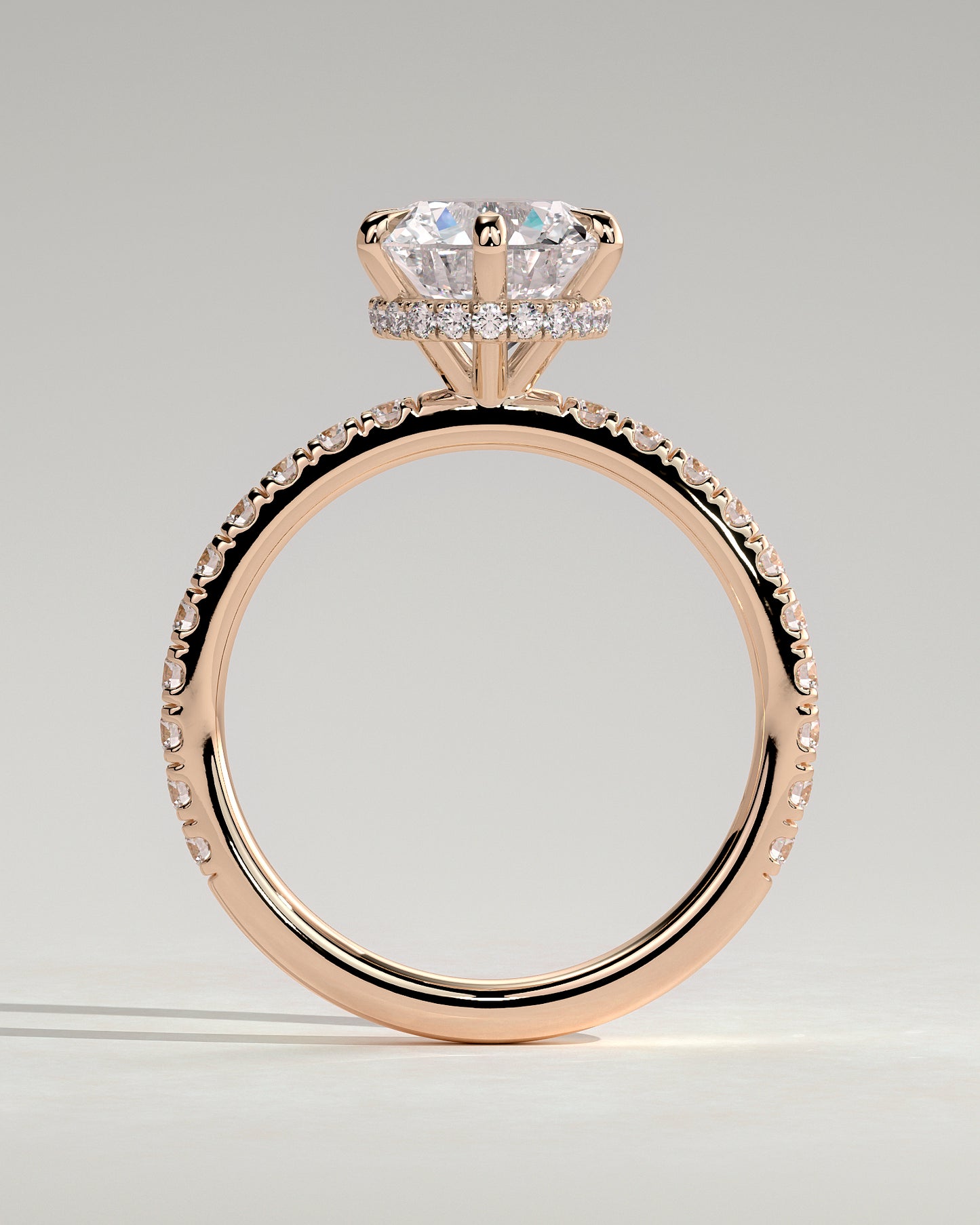 Amanda - Round Claw Solitaire with Wrap Around Hidden Halo and Pave Band Engagement Ring - Rose Gold - Rose Gold 2ct
