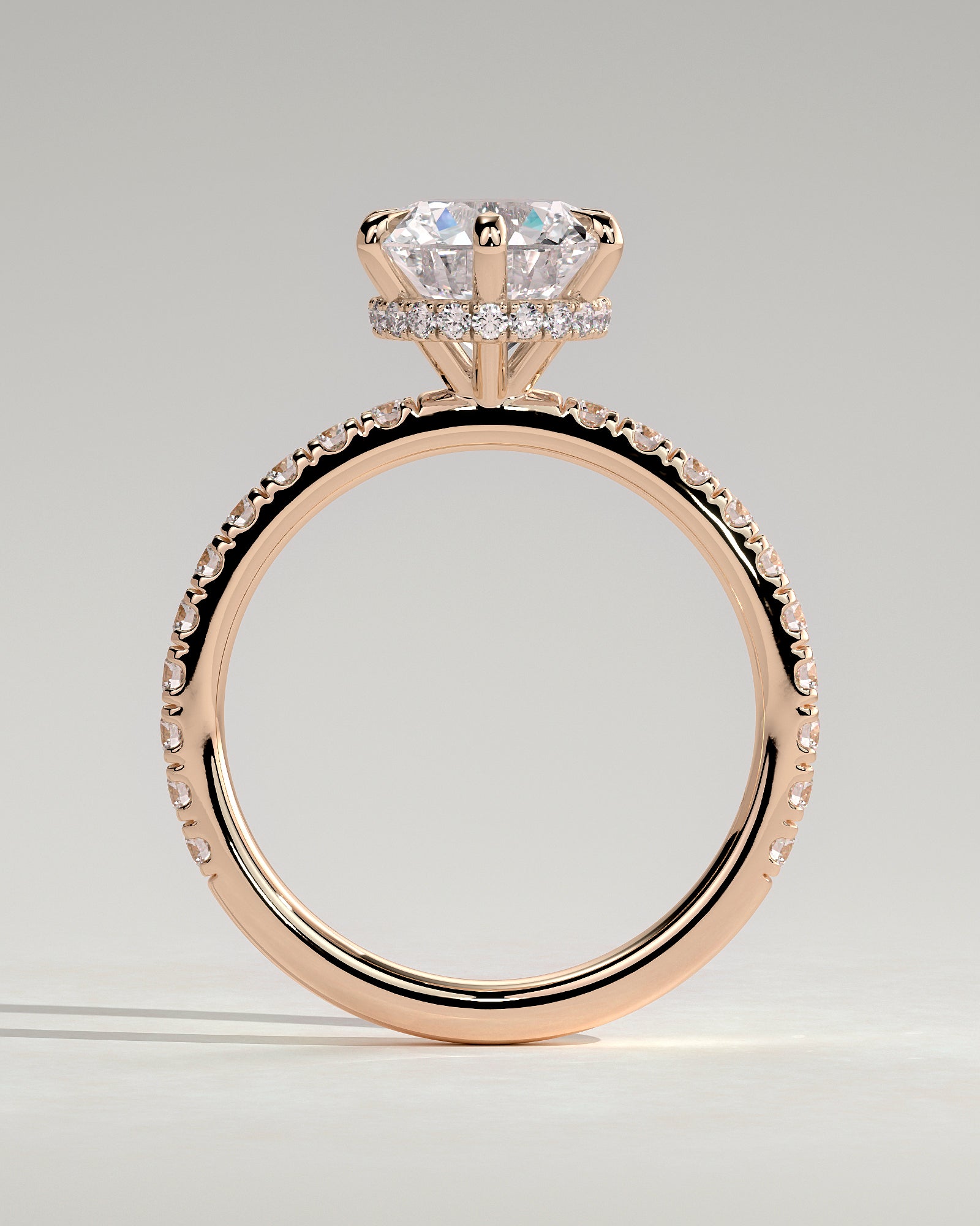 Amanda - Round Claw Solitaire with Wrap Around Hidden Halo and Pave Band Engagement Ring - Rose Gold - Rose Gold 2ct