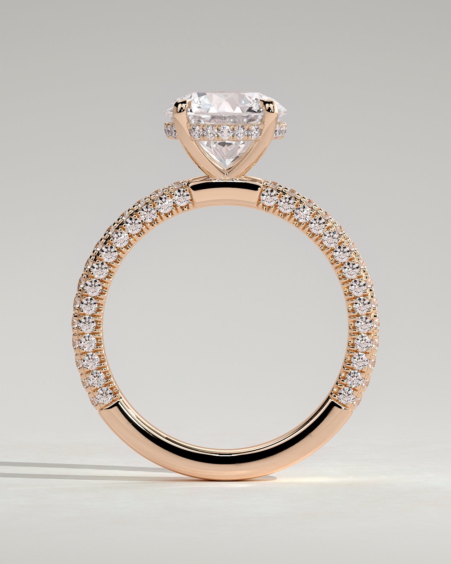 Alex - Round Claw Solitaire with Hidden Halo and Triple Pave Band Engagement Ring - Rose Gold - Rose Gold 2ct