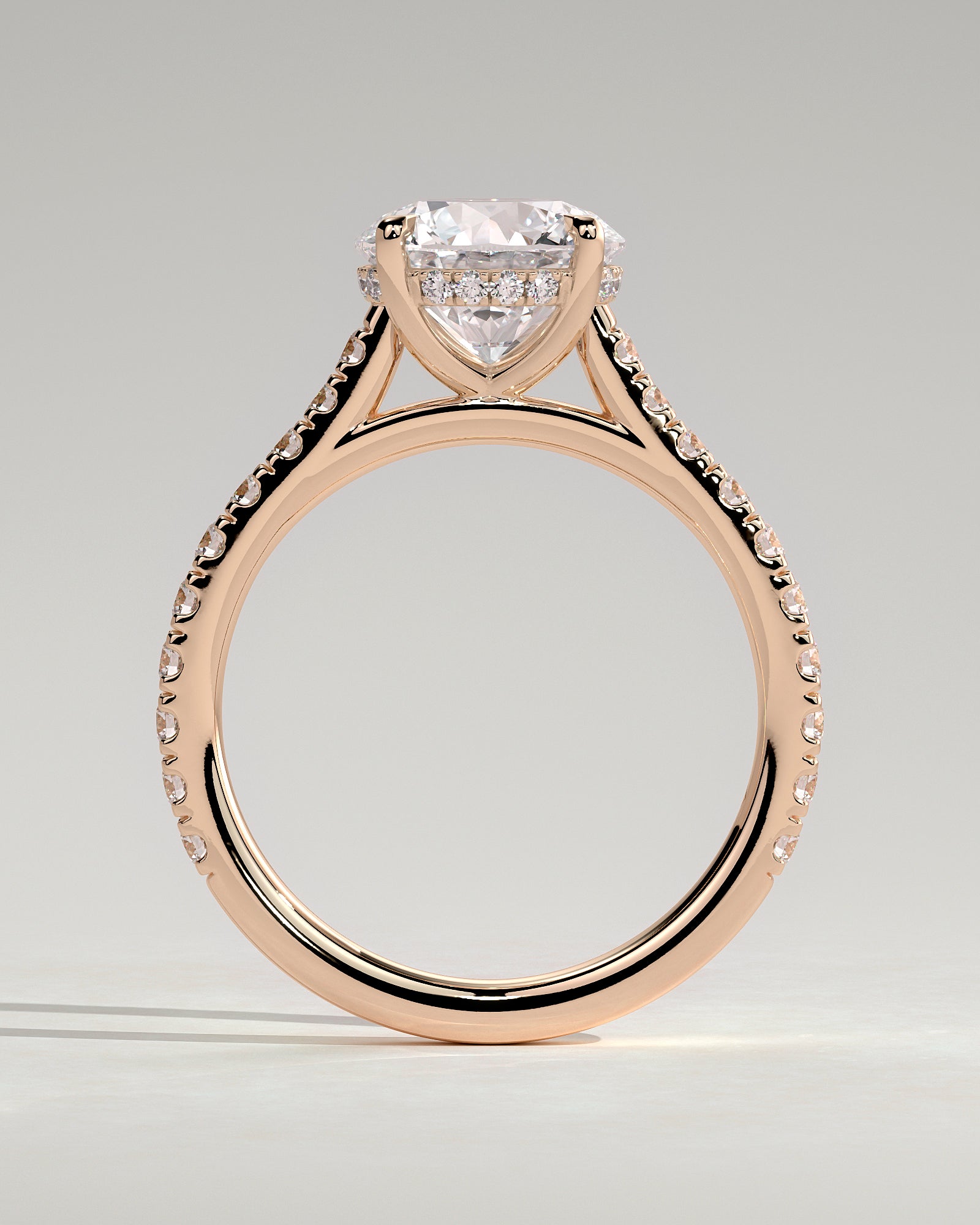 Ashlea - Round Claw Solitaire with Hidden Halo, Pave Band and Cathedral High Setting Engagement Ring - Rose Gold - Rose Gold 2ct