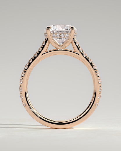 Ashlea - Round Claw Solitaire with Hidden Halo, Pave Band and Cathedral High Setting Engagement Ring - Rose Gold