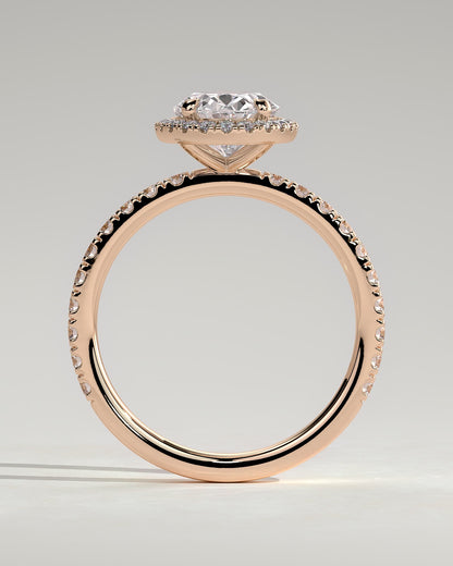 Aurora - Oval Claw Solitaire with Halo and Pave Band Engagement Ring - Rose Gold