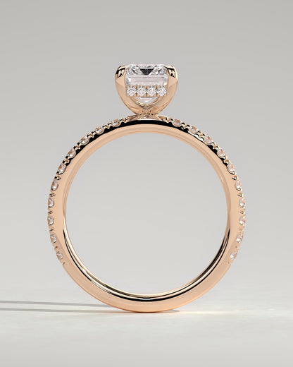 Gwyneth - Emerald Claw Solitaire with Hidden Halo and Pave Band Engagement Ring - Rose Gold