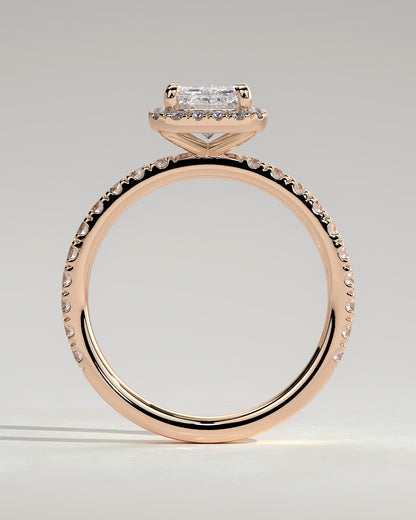 Catherine - Radiant Claw Solitaire with Halo and Pave Band Engagement Ring - Rose Gold