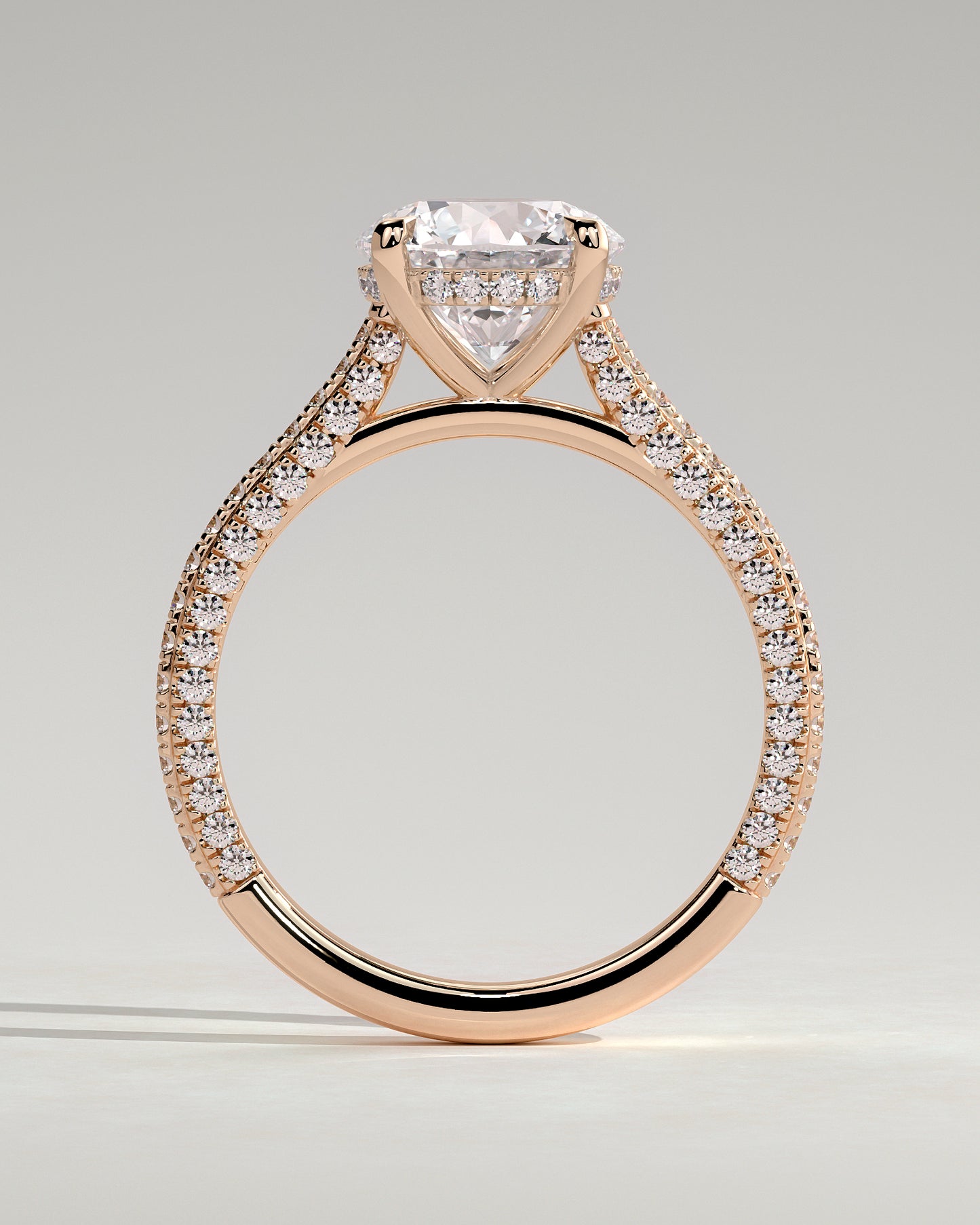 Chelsea - Round Claw Solitaire with Hidden Halo, Triple Pave Band and Cathedral High Setting Engagement Ring - Rose Gold - Rose Gold 2ct