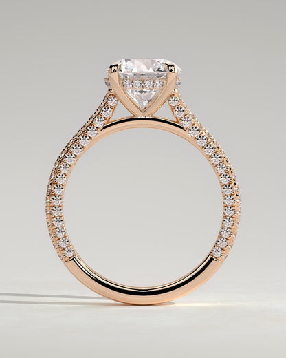 Chelsea - Round Claw Solitaire with Hidden Halo, Triple Pave Band and Cathedral High Setting Engagement Ring - Rose Gold