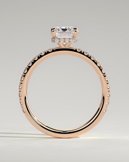 Eliana - Emerald Claw Solitaire with Wrap Around Hidden Halo and Pave Band Engagement Ring - Rose Gold