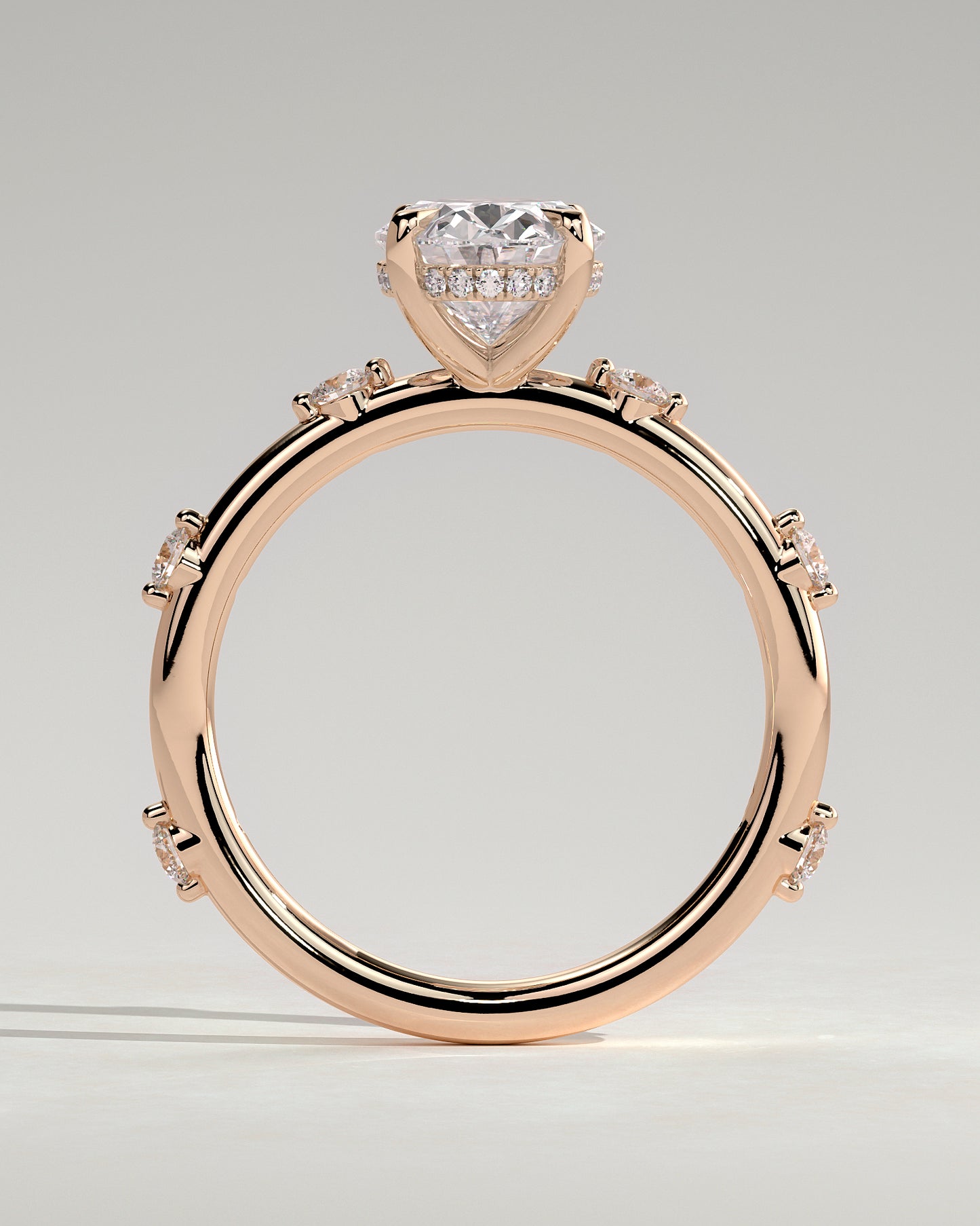 Elise - Oval Claw Solitaire with 6 Spaced Round Accent Stones and Hidden Halo Engagement Ring - Rose Gold - Rose Gold 2ct