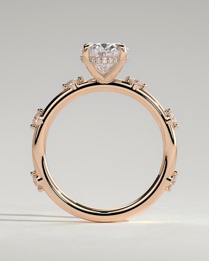 Elise - Oval Claw Solitaire with 6 Spaced Round Accent Stones and Hidden Halo Engagement Ring - Rose Gold