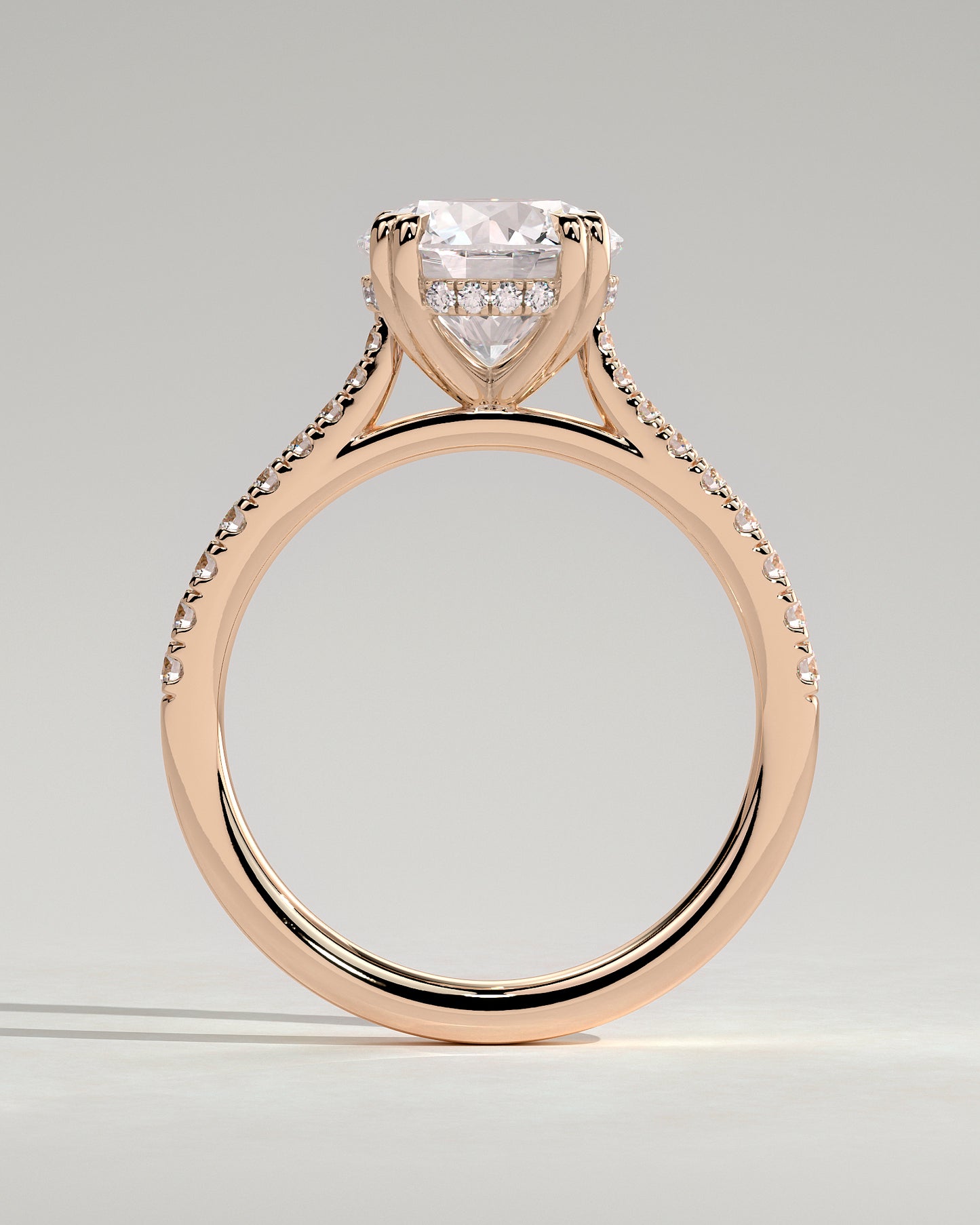 Amelia - Round Double Claw Solitaire with Hidden Halo, Tapered Pave Band and Cathedral High Setting Engagement Ring - Rose Gold - Rose Gold 2ct