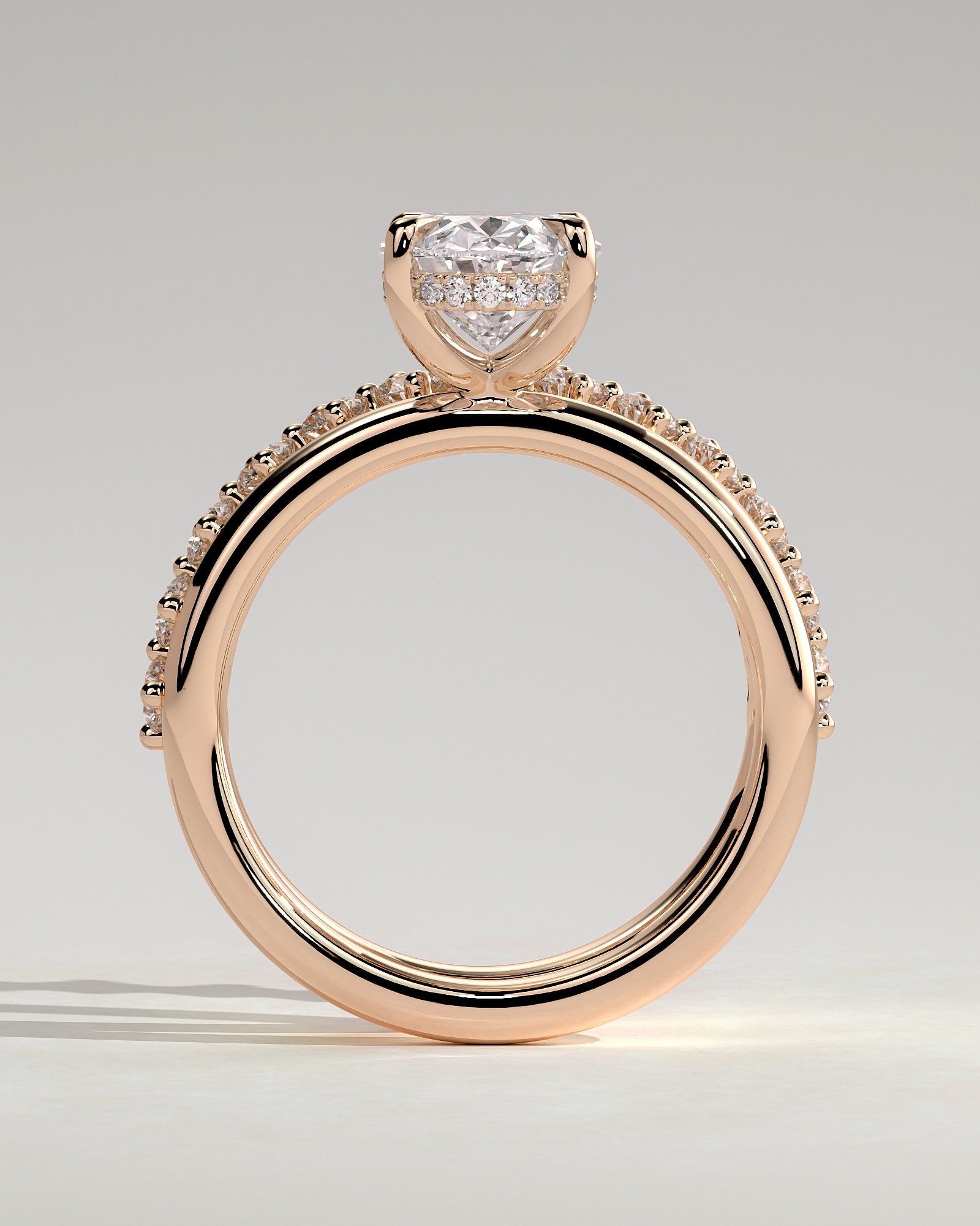 Athena - Oval Claw Solitaire with Double Plain-and-Round-Accent Stones Band Engagement Ring - Rose Gold - Rose Gold 2ct