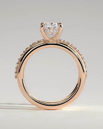 Athena - Oval Claw Solitaire with Double Plain-and-Round-Accent Stones Band Engagement Ring - Rose Gold