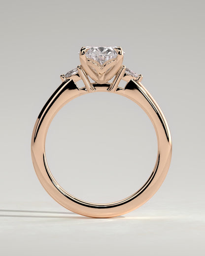Elena - Oval Claw Trilogy with Pear Side Stones and Tulip Detail Engagement Ring - Rose Gold