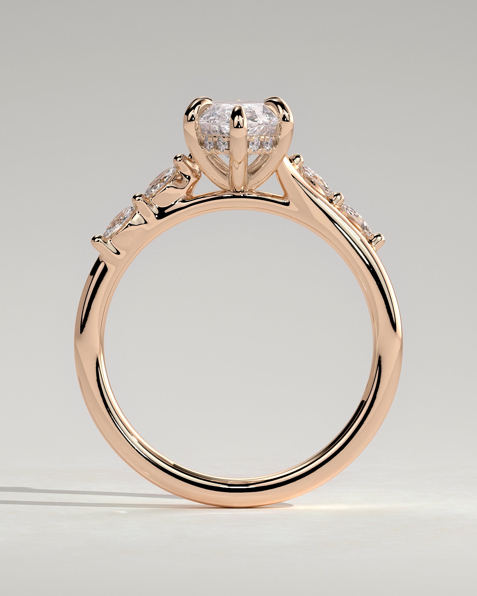 Elsie - Marquise Claw Solitaire with Hidden Halo, Opposing Marquise Accents and Cathedral High Setting Engagement Ring - Rose Gold - Rose Gold 2ct