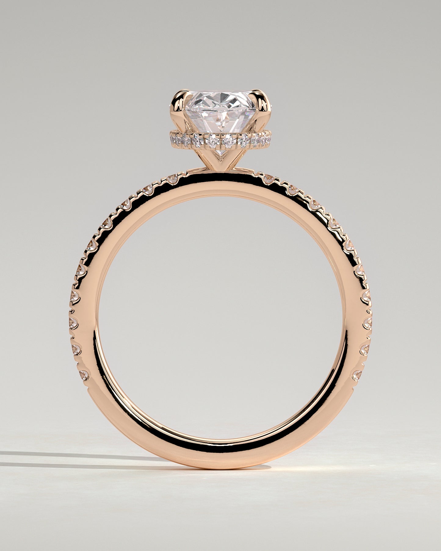 Evangeline - Oval Claw Solitaire with Wrap Around Hidden Halo and Pave Band Engagement Ring - Rose Gold - Rose Gold 2ct