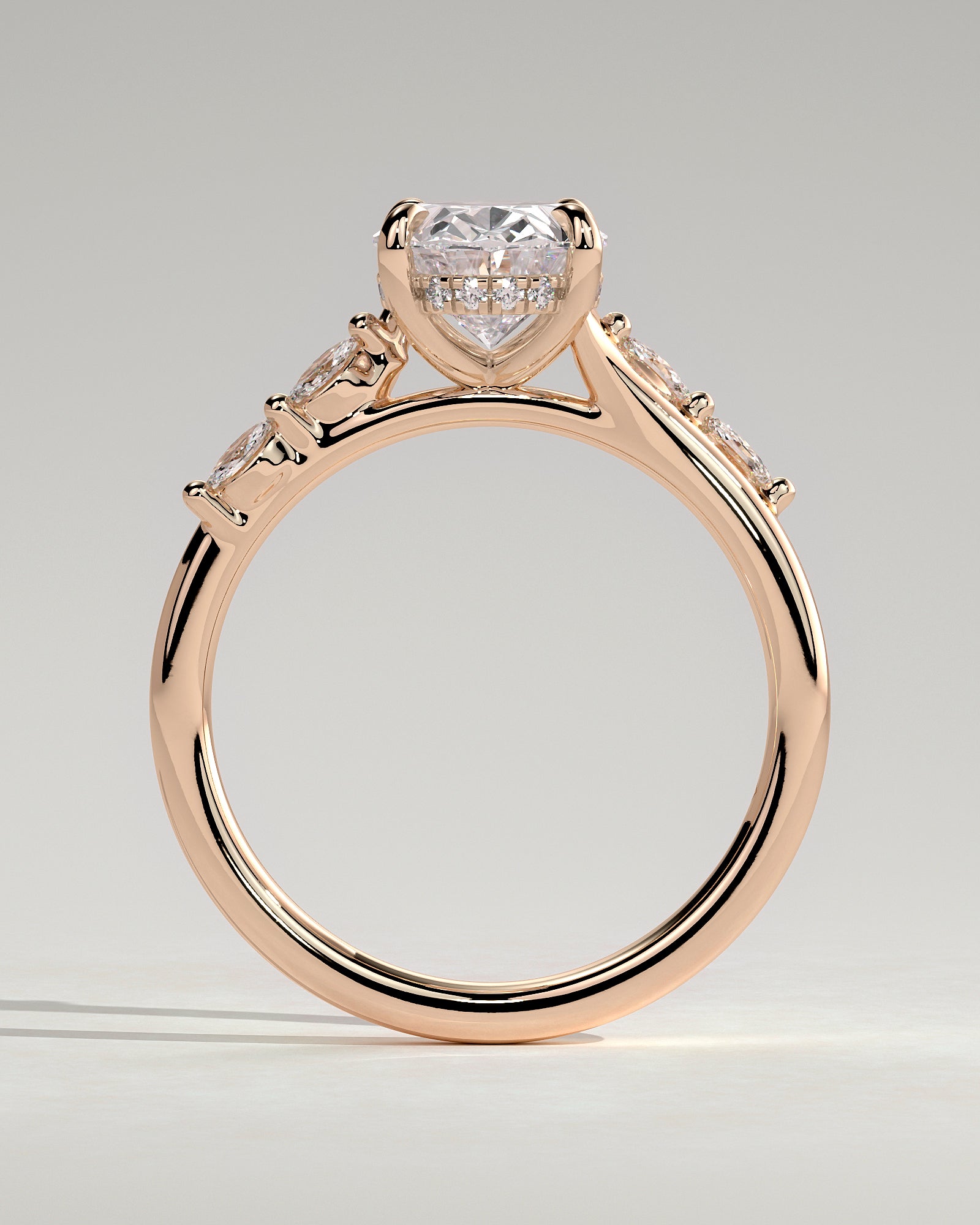 Jamie - Oval Claw Solitaire with Hidden Halo, Opposing Marquise Accents and Cathedral High Setting Engagement Ring - Rose Gold - Rose Gold 2ct
