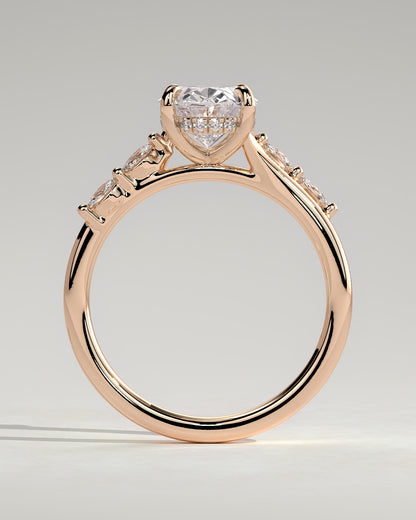 Jamie - Oval Claw Solitaire with Hidden Halo, Opposing Marquise Accents and Cathedral High Setting Engagement Ring - Rose Gold