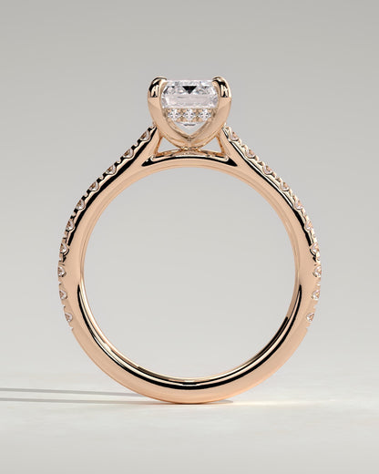 Rowena - Emerald Claw Solitaire with Hidden Halo, Pave Band and Cathedral High Setting Engagement Ring - Rose Gold