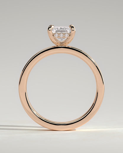 Carmella - Emerald Claw Solitaire with Flat Cigar Band and Hidden Halo Engagement Ring - Rose Gold