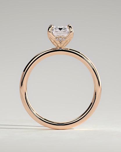 Freesia - Emerald Claw Solitaire with Petal Gallery and Accented Tiara Detail Engagement Ring - Rose Gold