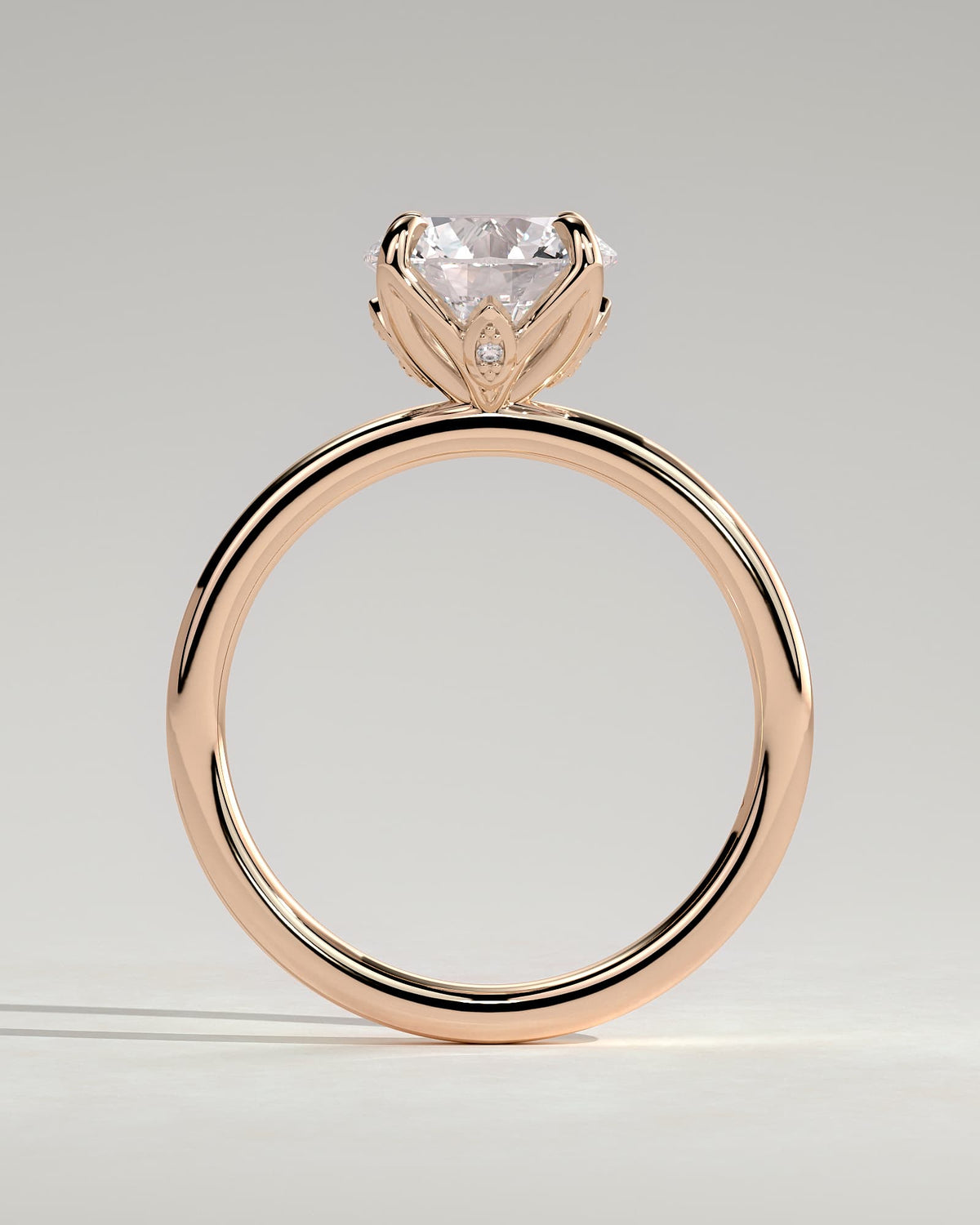 Joy - Round Claw Solitaire with Petal Gallery and Accent Leaf Detail Engagement Ring - Rose Gold