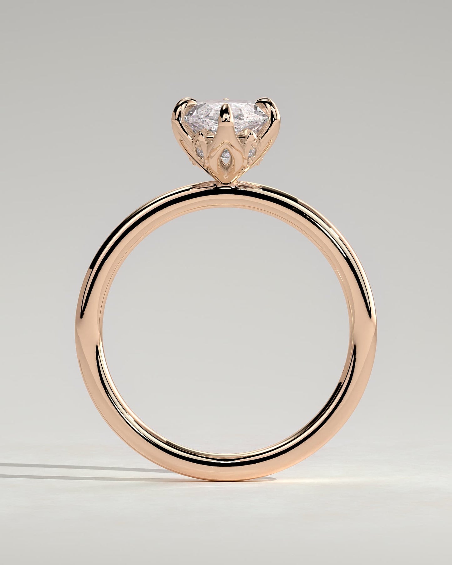 Robin - Marquise Claw Solitaire with Petal Gallery and Accent Leaf Detail Engagement Ring - Rose Gold