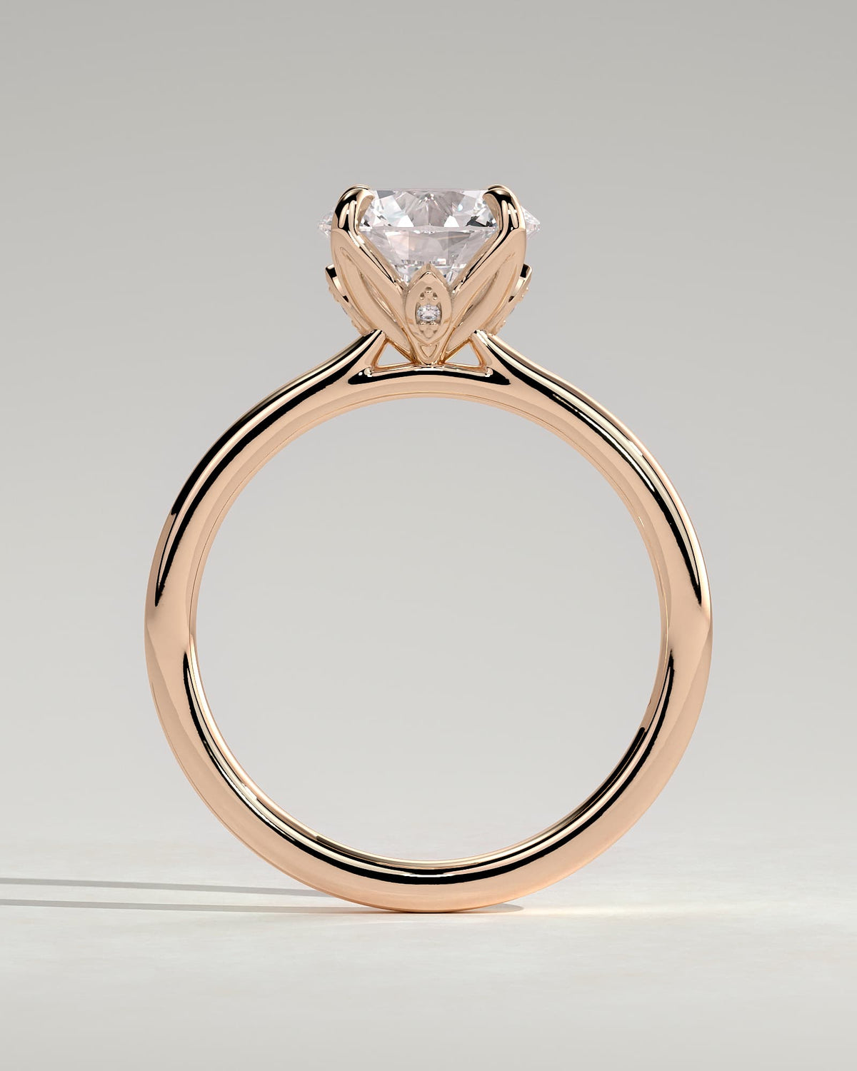 Brianna - Round Claw Solitaire with Petal Gallery, Accent Leaf Detail and Cathedral Setting Engagement Ring - Rose Gold