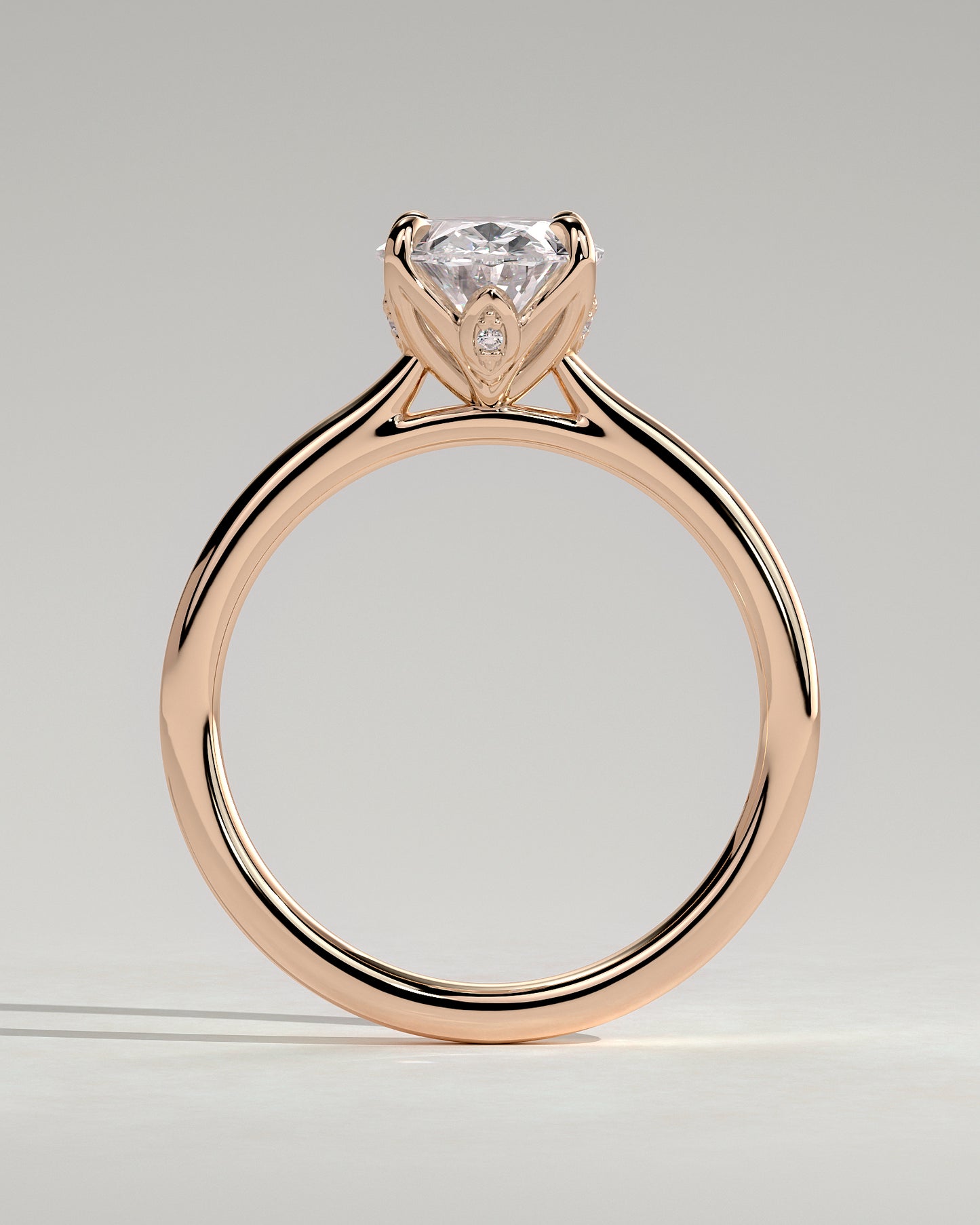 Erica - Oval Claw Solitaire with Petal Gallery, Accent Leaf Detail and Cathedral Setting Engagement Ring - Rose Gold - Rose Gold 2ct