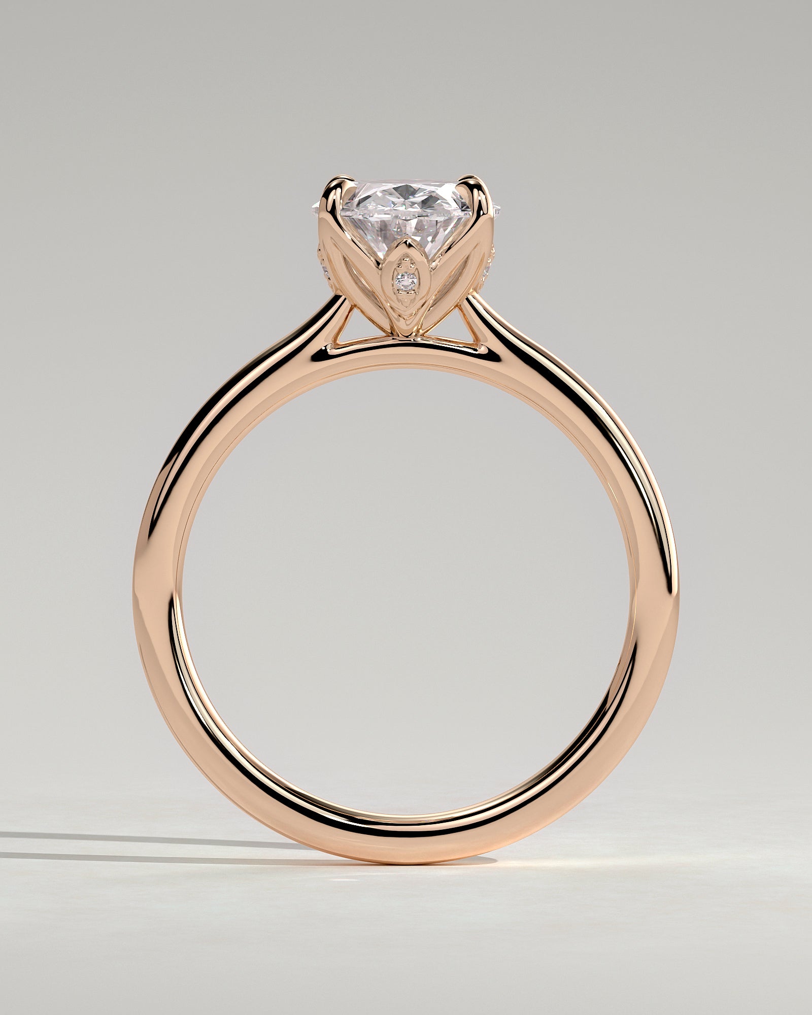 Erica - Oval Claw Solitaire with Petal Gallery, Accent Leaf Detail and Cathedral Setting Engagement Ring - Rose Gold - Rose Gold 2ct