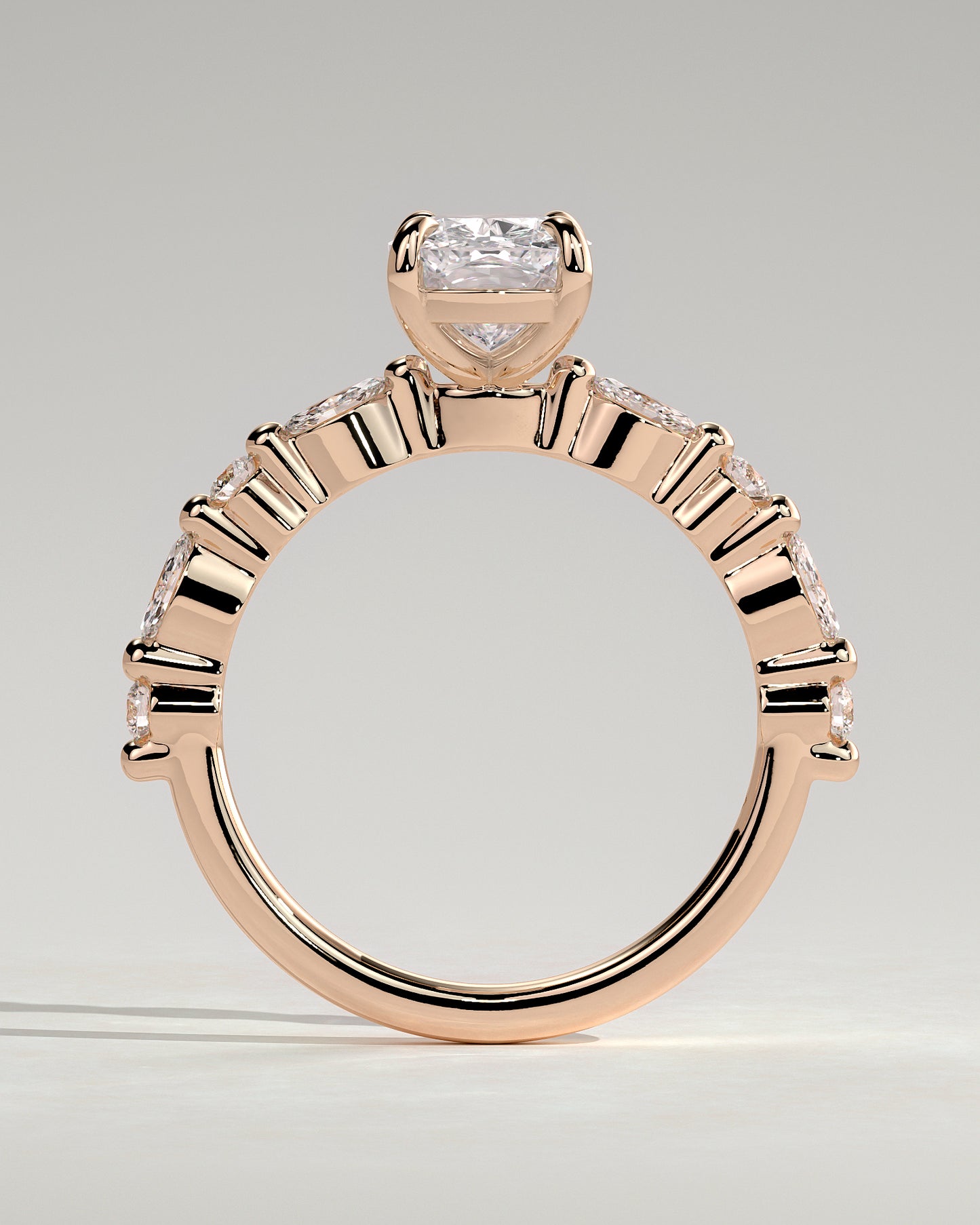 Delphine - Elongated Cushion Claw Solitaire with Marquise and Round Accent Stones Engagement Ring - Rose Gold - Rose Gold 2ct