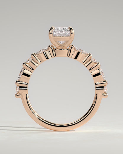 Delphine - Elongated Cushion Claw Solitaire with Marquise and Round Accent Stones Engagement Ring - Rose Gold