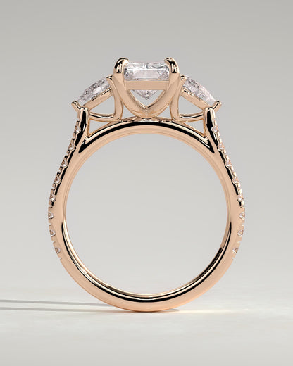 Ginny - Radiant Claw Trilogy with Pear Side Stones and Pave Band Engagement Ring - Rose Gold