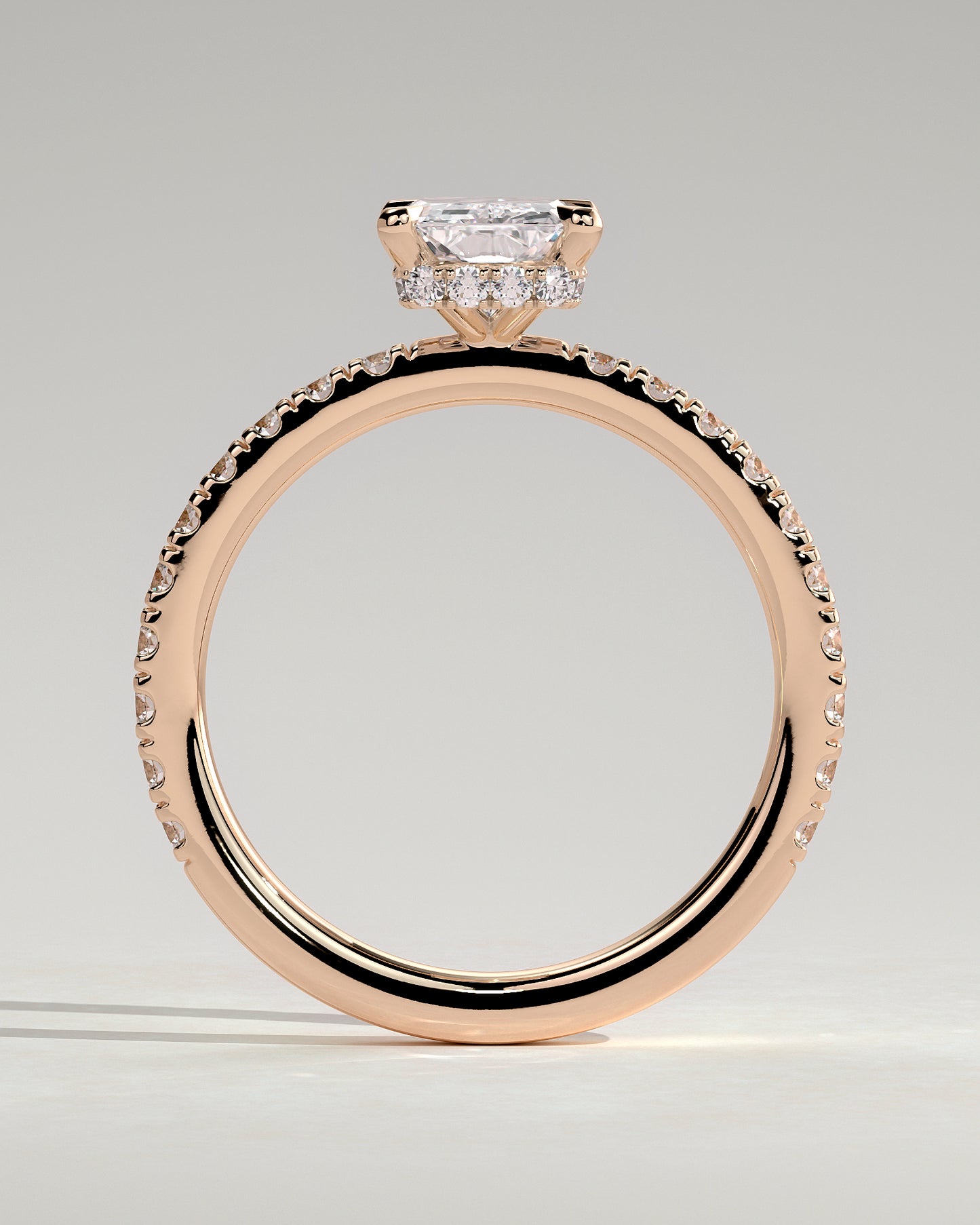 Ellie - Radiant Claw Solitaire with Wrap Around Hidden Halo and Pave Band Engagement Ring - Rose Gold - Rose Gold 2ct