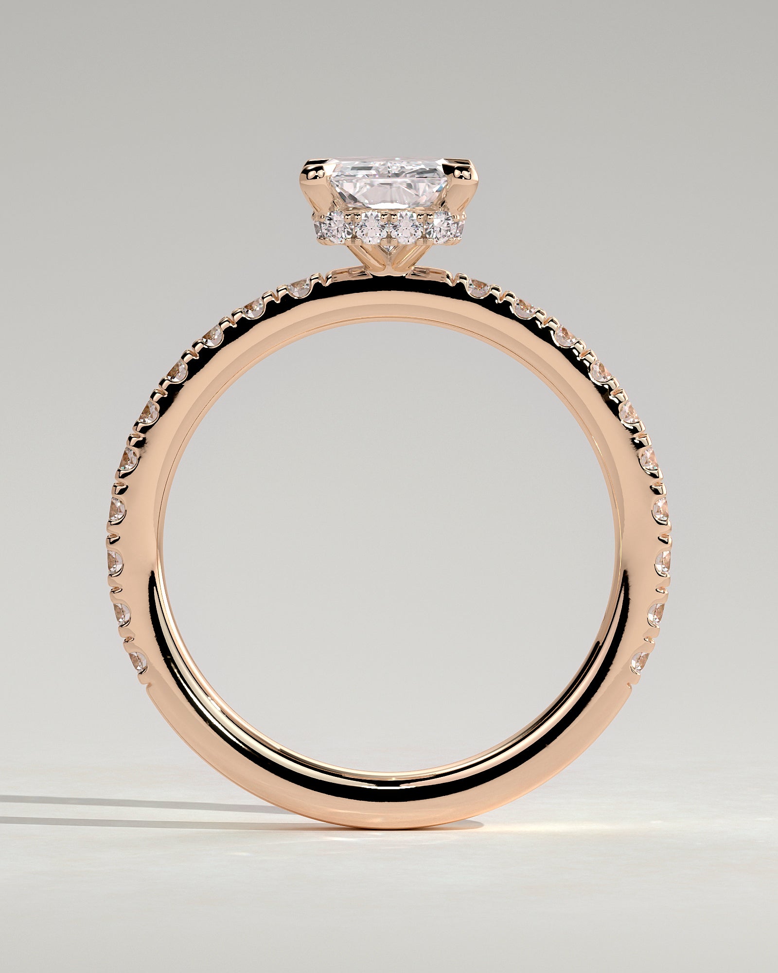 Ellie - Radiant Claw Solitaire with Wrap Around Hidden Halo and Pave Band Engagement Ring - Rose Gold - Rose Gold 2ct