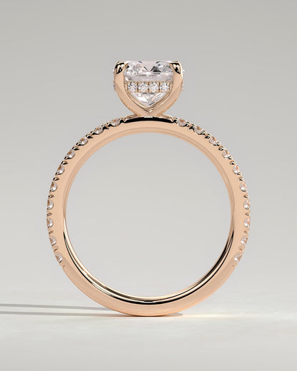 Claudia - Cushion Claw Solitaire with Hidden Halo and Pave Band Engagement Ring - Rose Gold