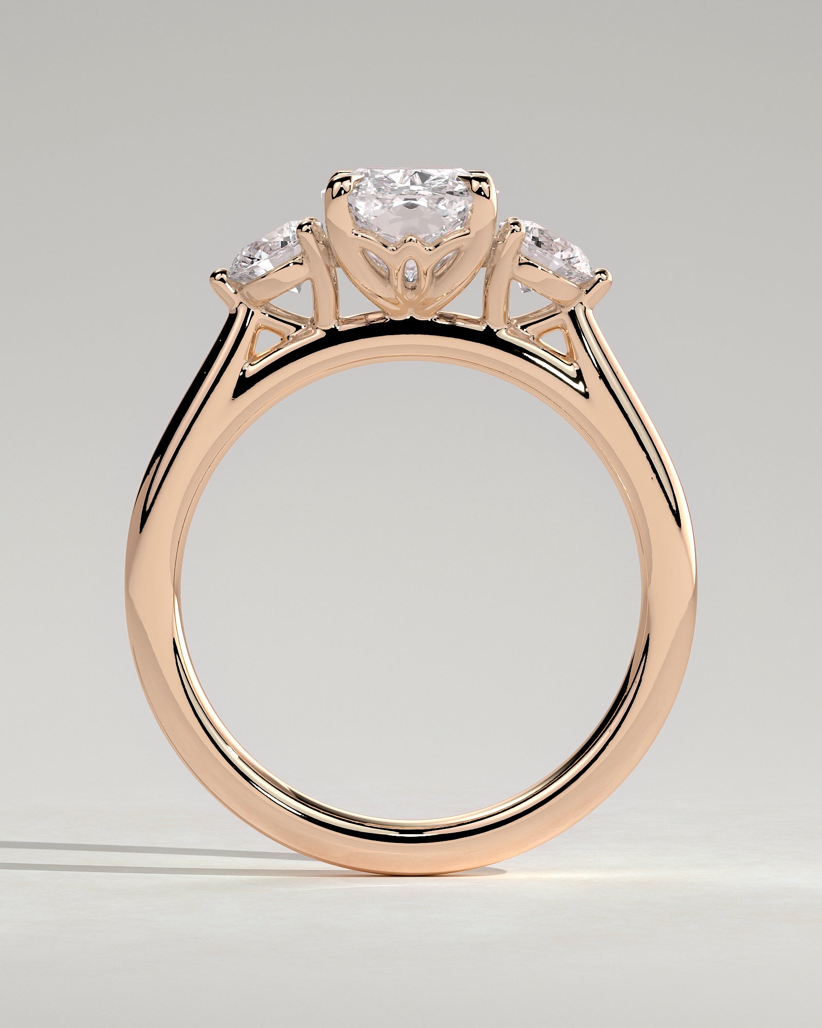 Charmaine - Elongated Cushion Claw Trilogy with Round Side Stones and Lily Detail Engagement Ring - Rose Gold - Rose Gold 2ct
