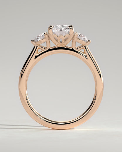 Charmaine - Elongated Cushion Claw Trilogy with Round Side Stones and Lily Detail Engagement Ring - Rose Gold