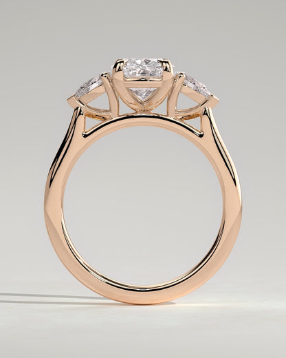 Cataleya - Elongated Cushion Claw Trilogy with Pear Side Stones and Cathedral Setting Engagement Ring - Rose Gold
