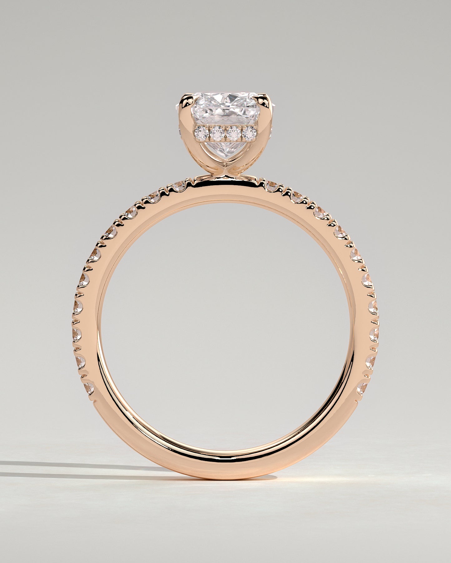 Camilla - Elongated Cushion Claw Solitaire with Hidden Halo and Pave Band Engagement Ring - Rose Gold - Rose Gold 2ct