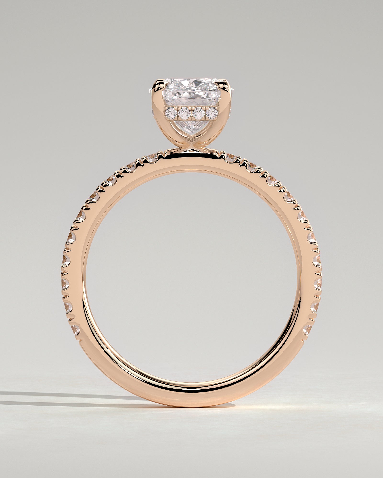 Camilla - Elongated Cushion Claw Solitaire with Hidden Halo and Pave Band Engagement Ring - Rose Gold - Rose Gold 2ct