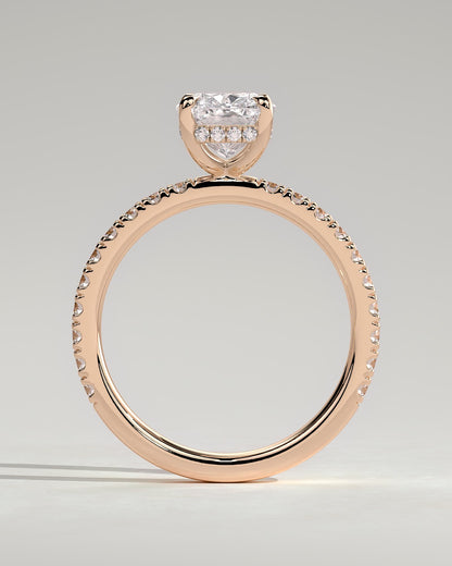 Camilla - Elongated Cushion Claw Solitaire with Hidden Halo and Pave Band Engagement Ring - Rose Gold