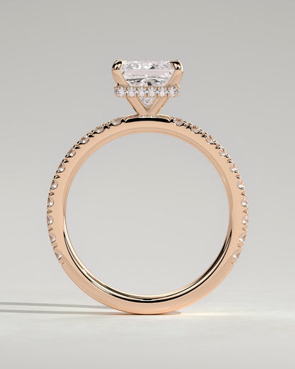 Brooklyn - Princess Claw Solitaire with Wrap Around Hidden Halo and Pave Band Engagement Ring - Rose Gold