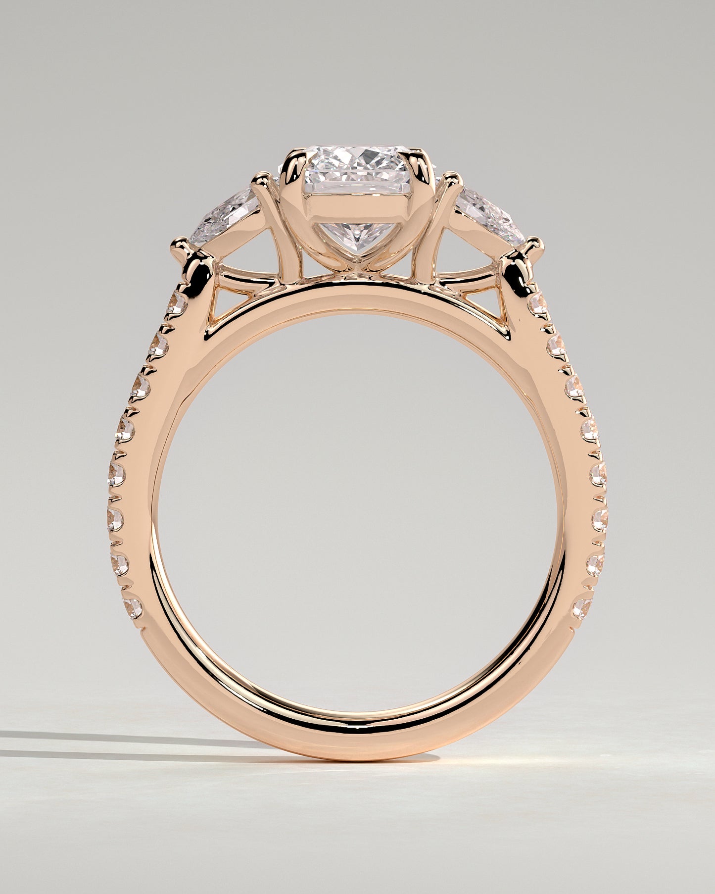 Bree - Elongated Cushion Claw Trilogy with Pear Side Stones and Pave Band Engagement Ring - Rose Gold - Rose Gold 2ct