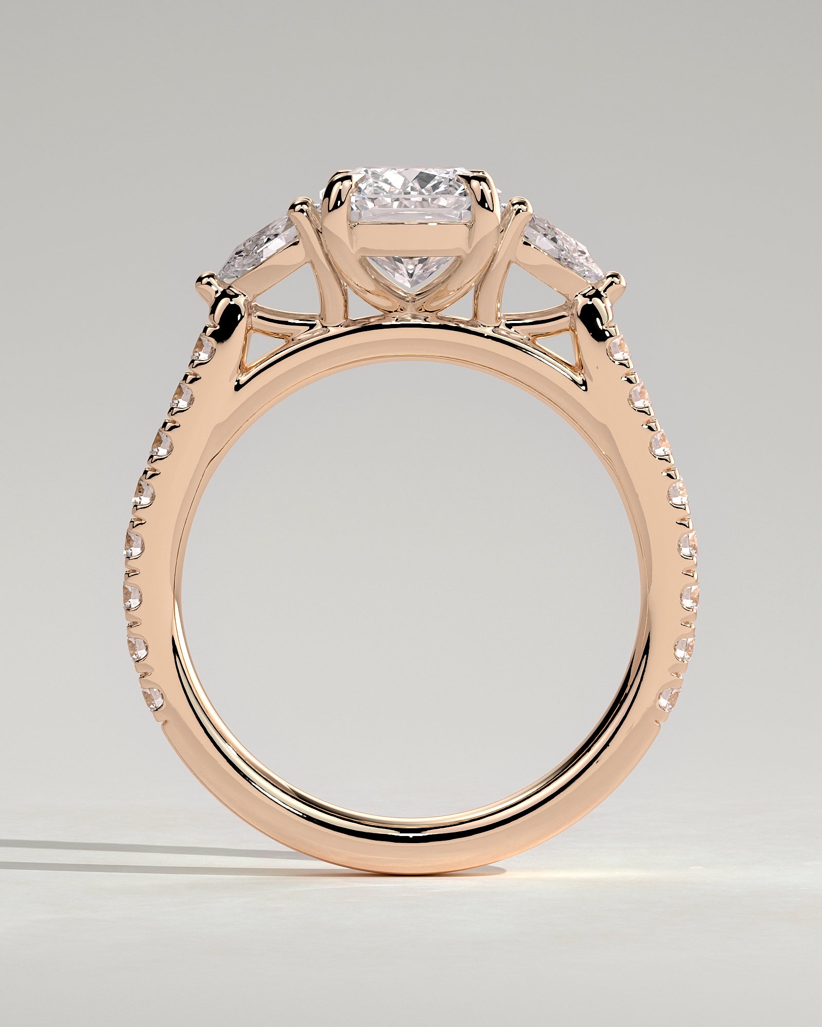 Bree - Elongated Cushion Claw Trilogy with Pear Side Stones and Pave Band Engagement Ring - Rose Gold - Rose Gold 2ct
