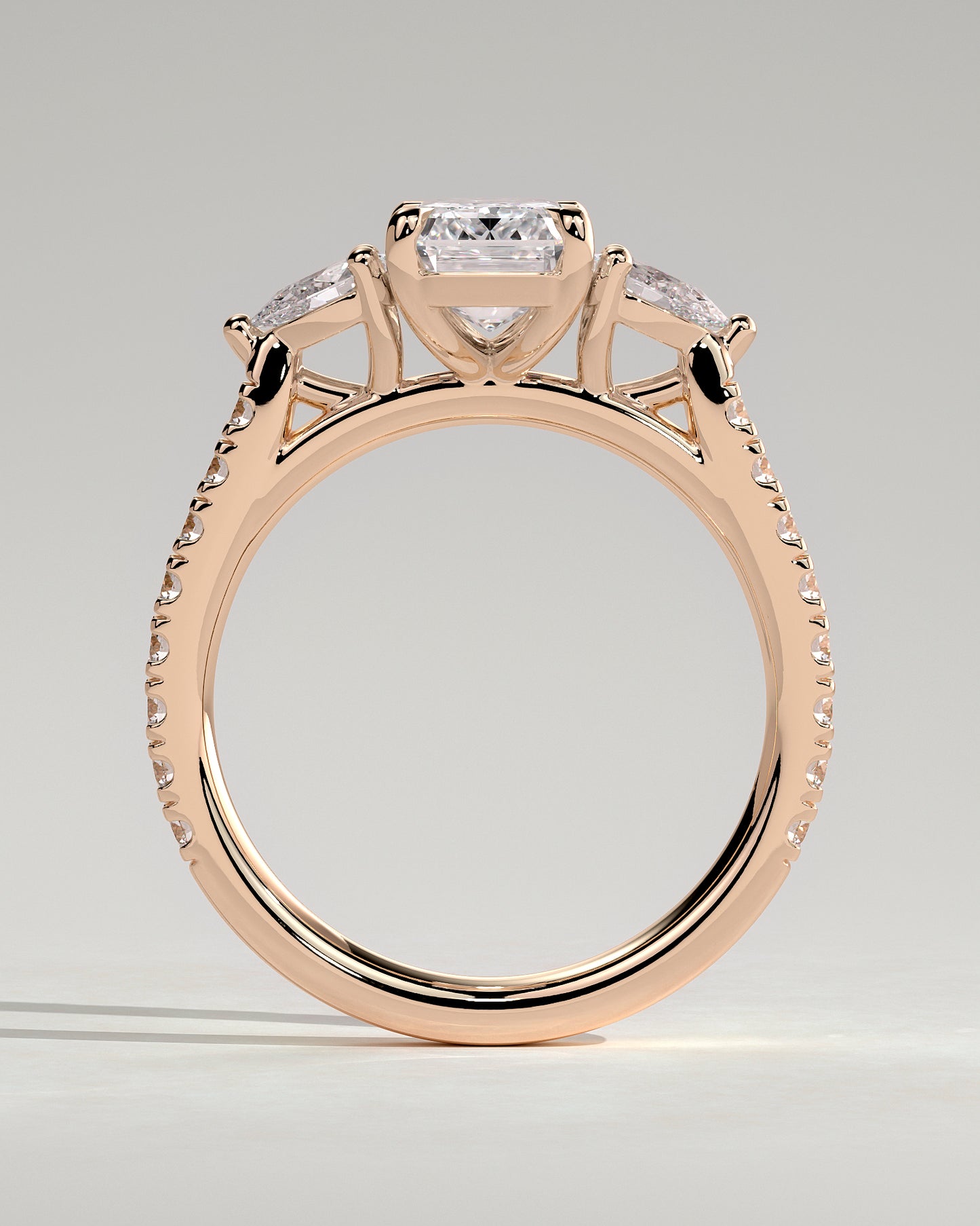 Autumn - Emerald Claw Trilogy with Pear Side Stones and Pave Band Engagement Ring - Rose Gold - Rose Gold 2ct
