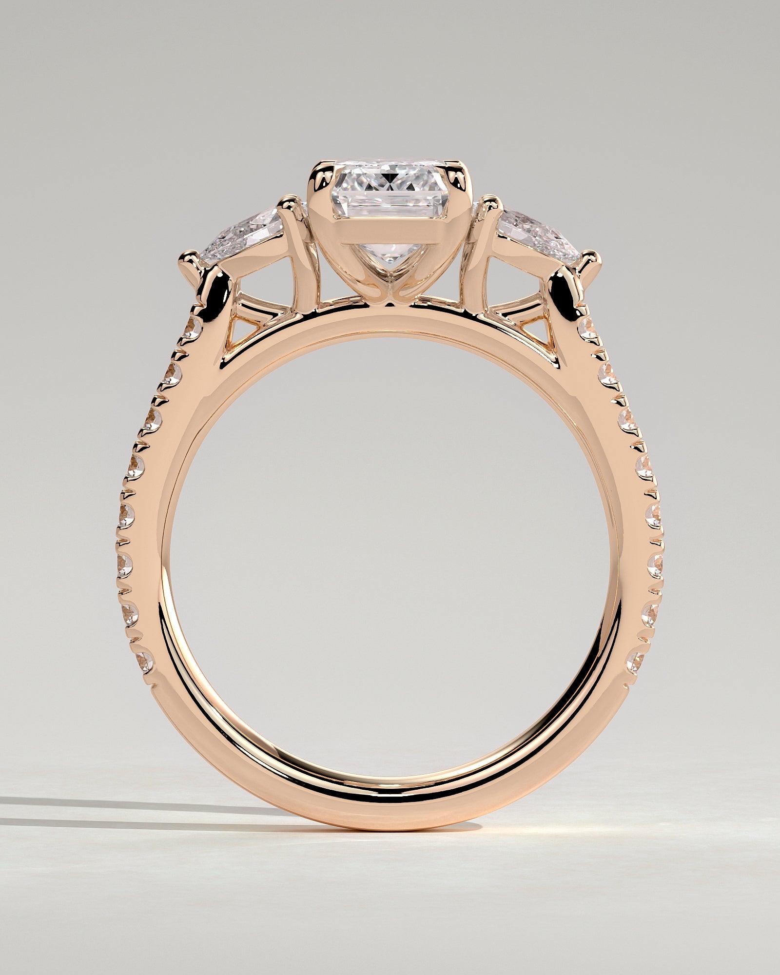 Autumn - Emerald Claw Trilogy with Pear Side Stones and Pave Band Engagement Ring - Rose Gold - Rose Gold 2ct