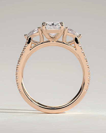 Autumn - Emerald Claw Trilogy with Pear Side Stones and Pave Band Engagement Ring - Rose Gold